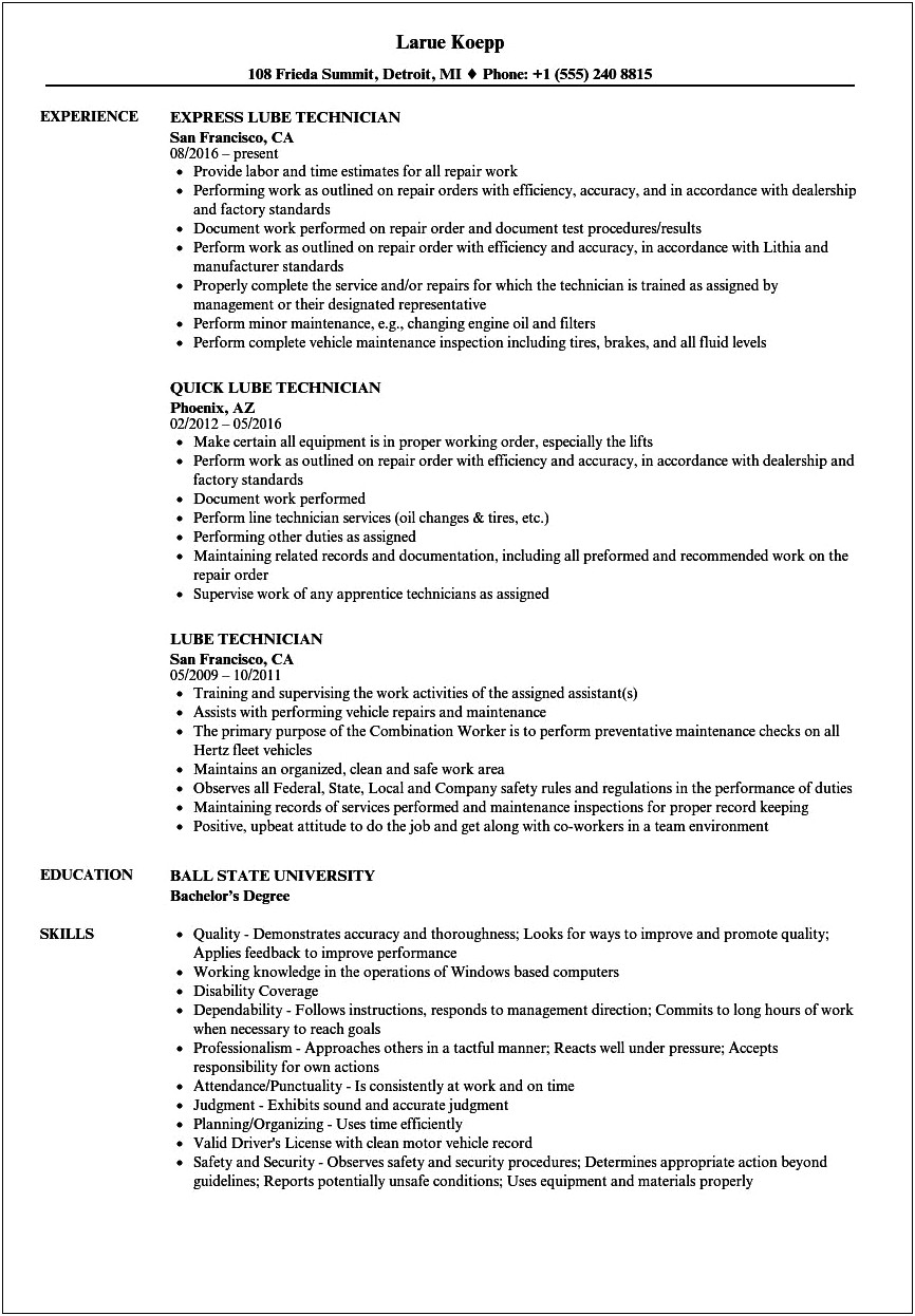 Technician Job Description For Resume
