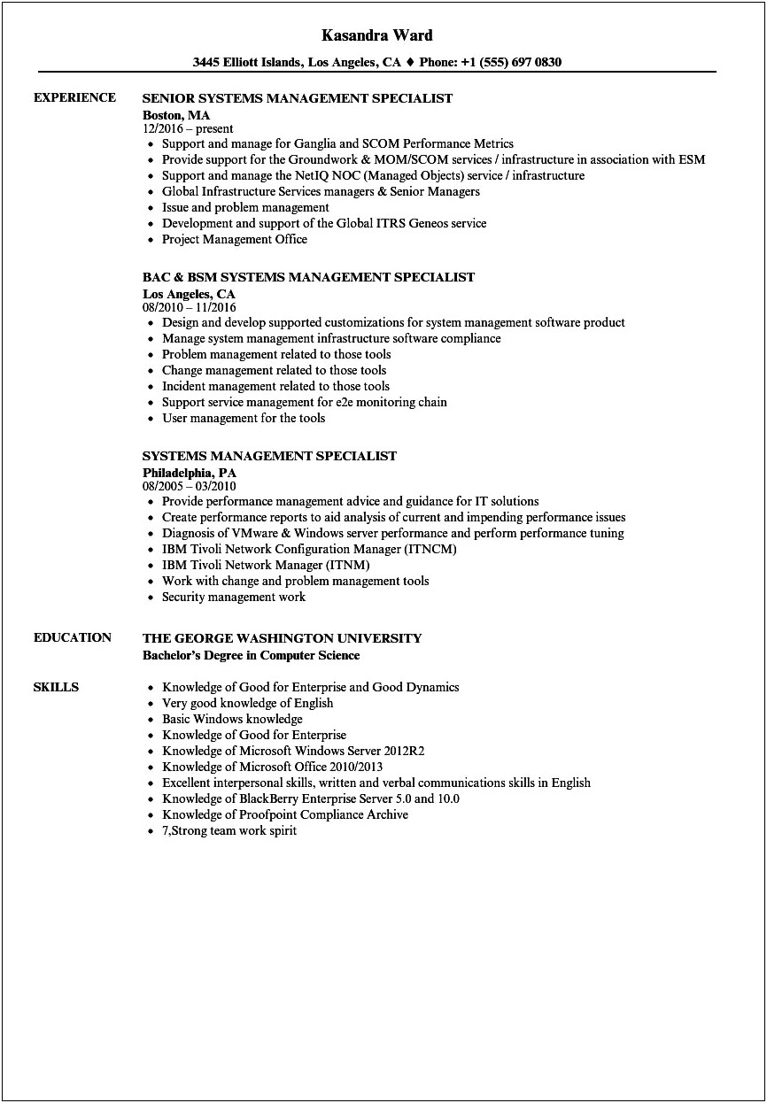 Technology Support System Management Resume