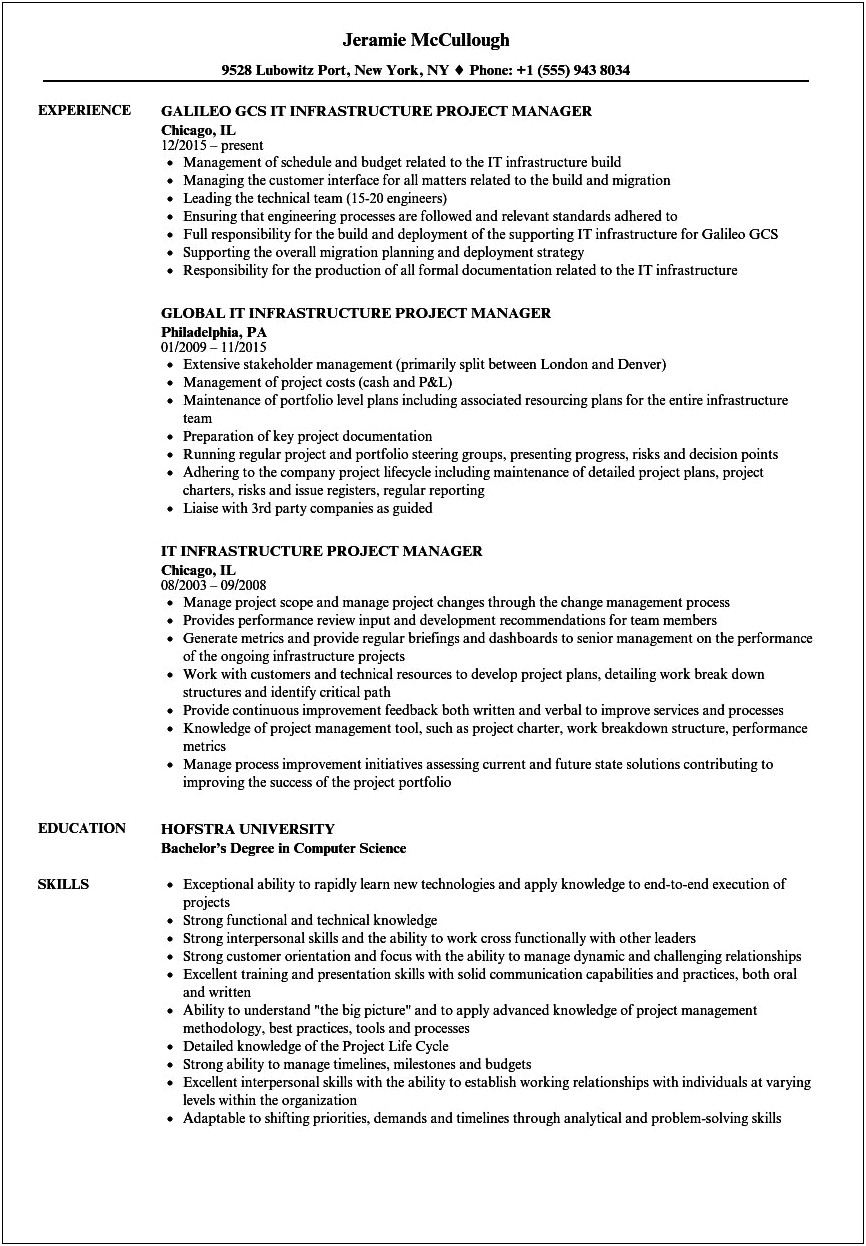 Telecommunications Project Manager Resume Sample
