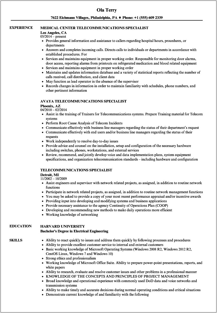 Telecommunications Specialist Resume Job Description
