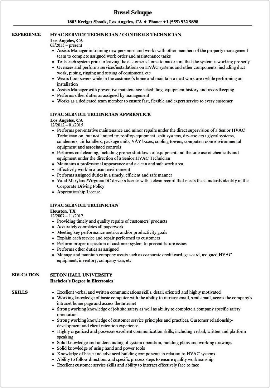 Telephone Technician Job Description Resume