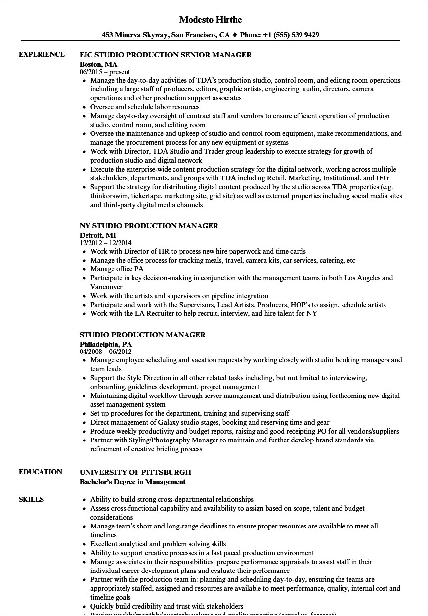 Television Production Skills For Resume