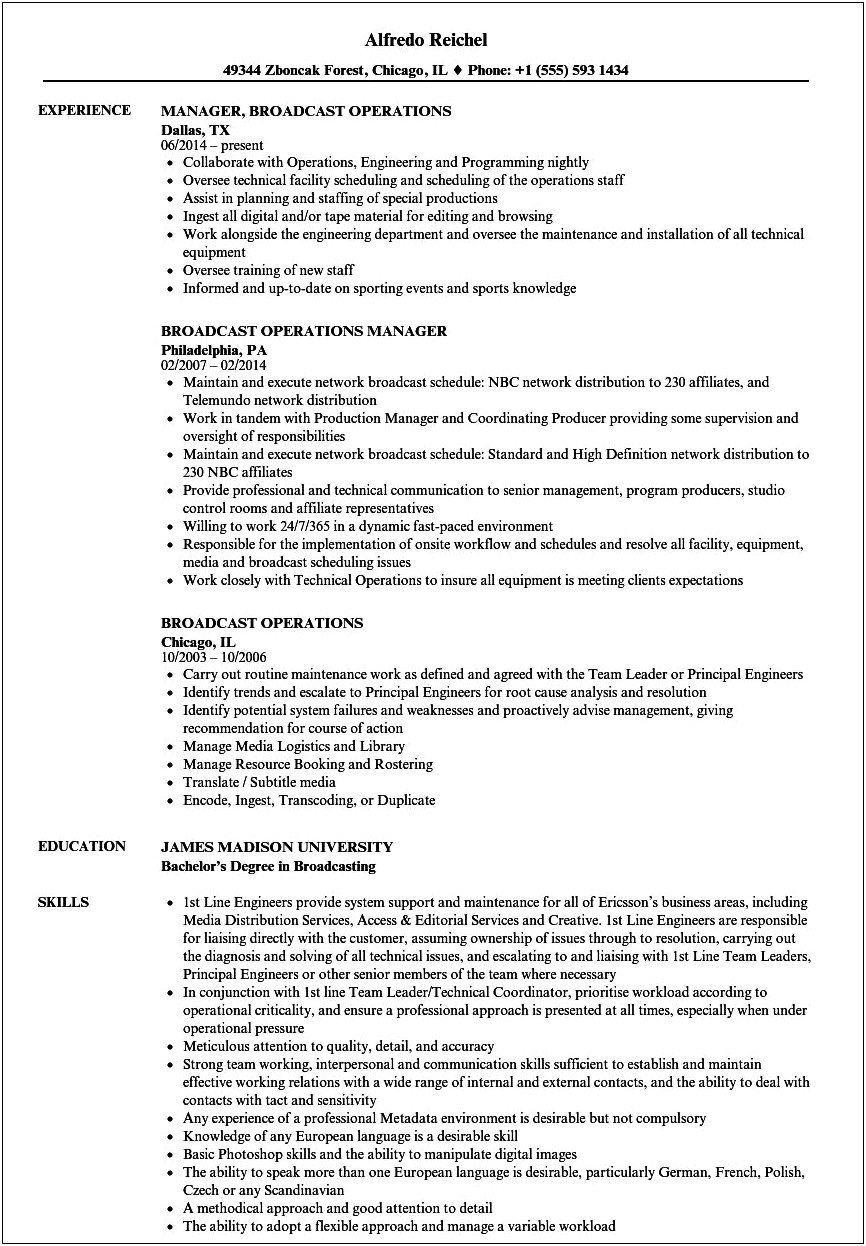 Television Technical Director Resume Sample