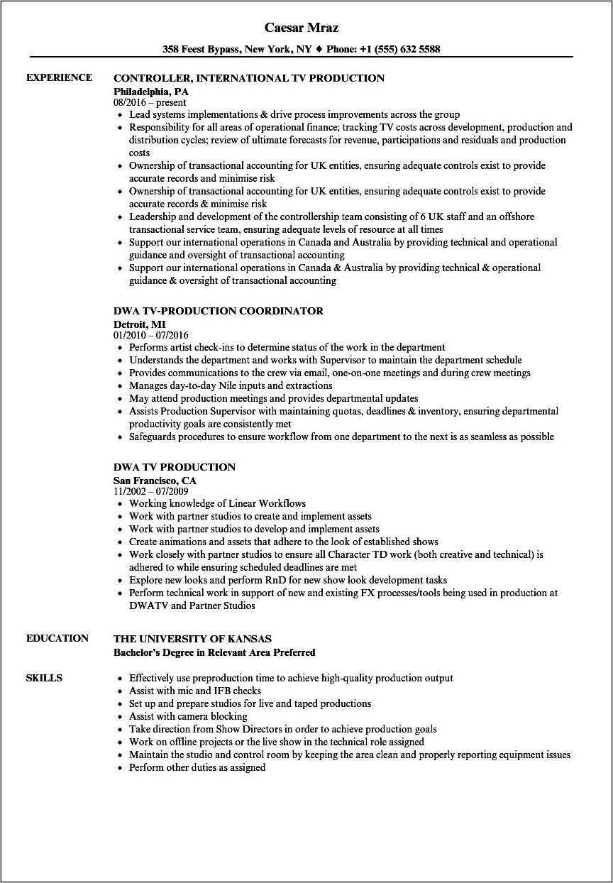 Televison Technical Director Resume Example
