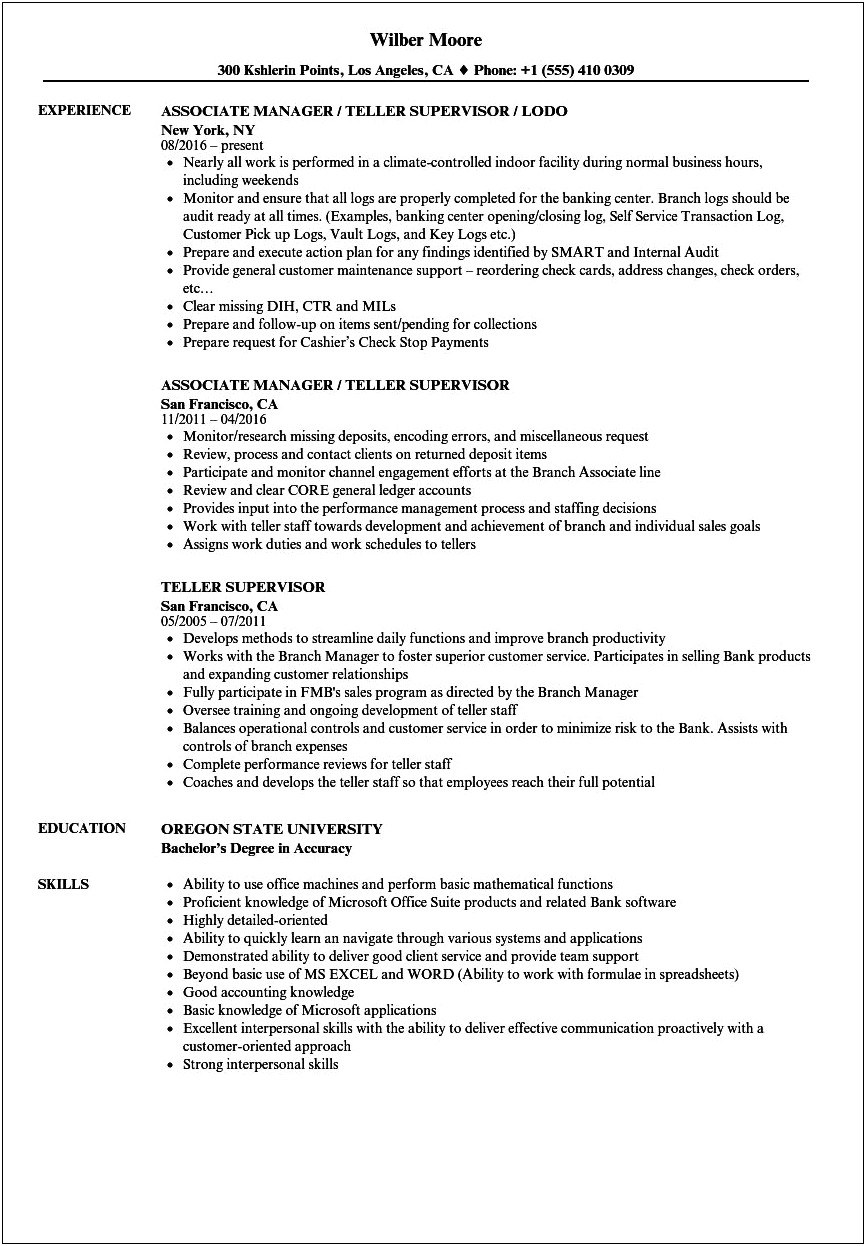 Teller Supervisor Job Description Resume