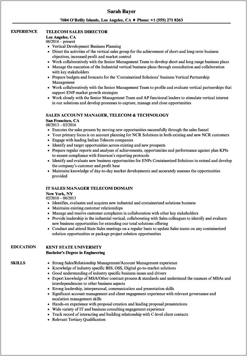 Territory Sales Manager Telecom Resume