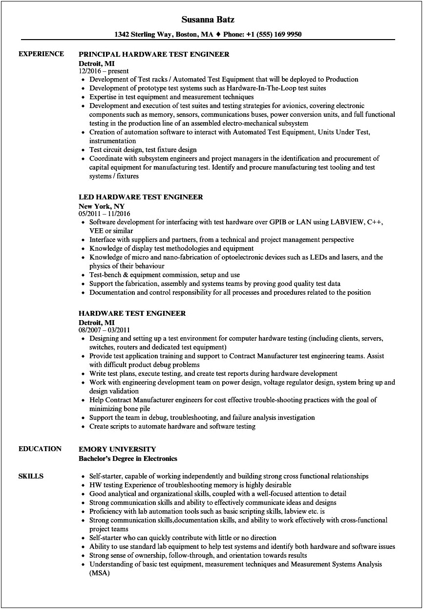 Test Engineer Job Description Resume