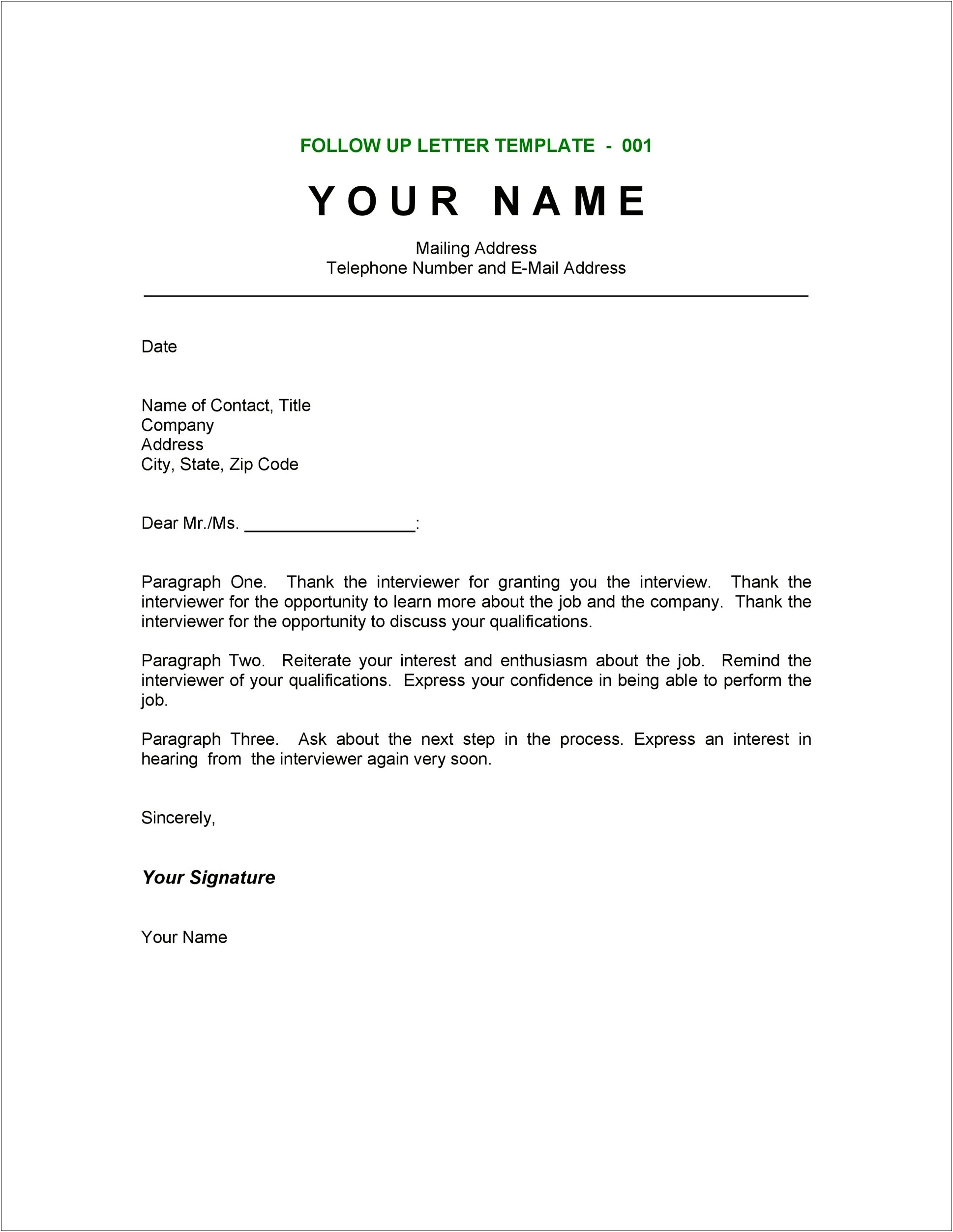 Thank You Letter Resume Example