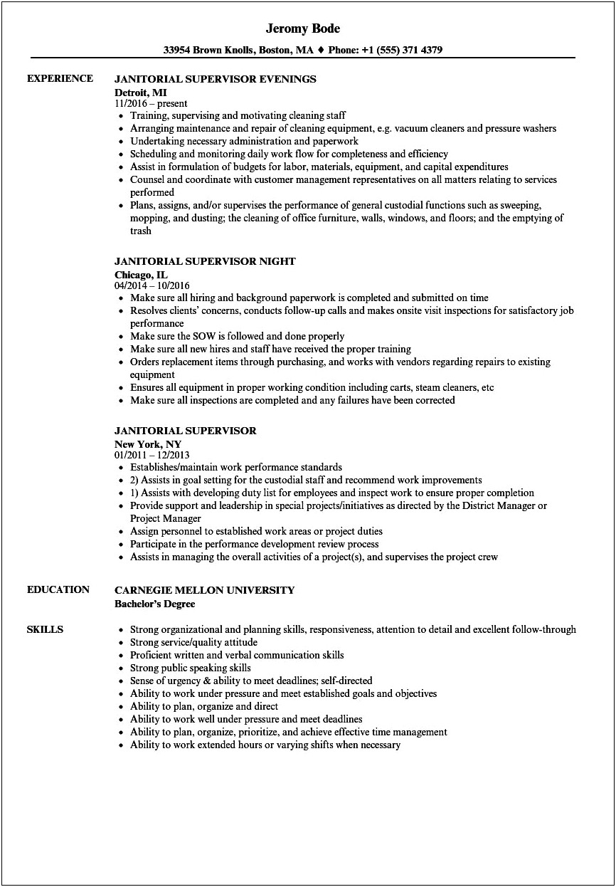 The Best Janitorial Supervisor Resume