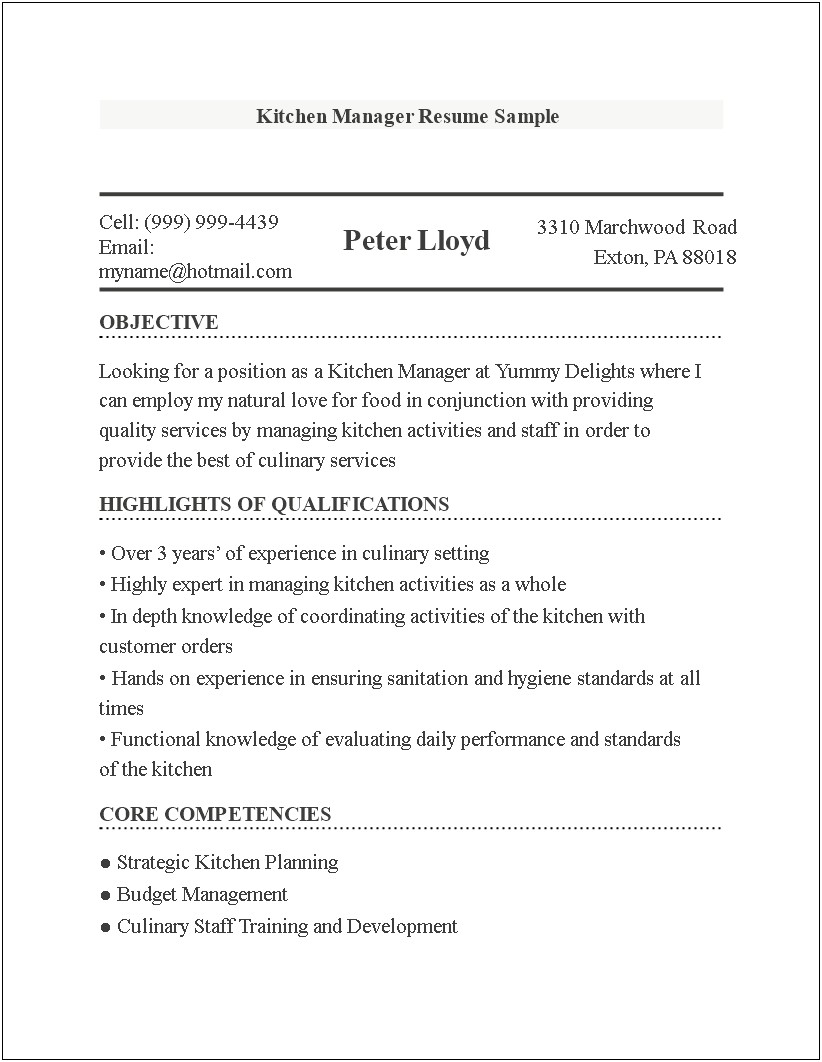 The Perfect Kitchen Manager Resume