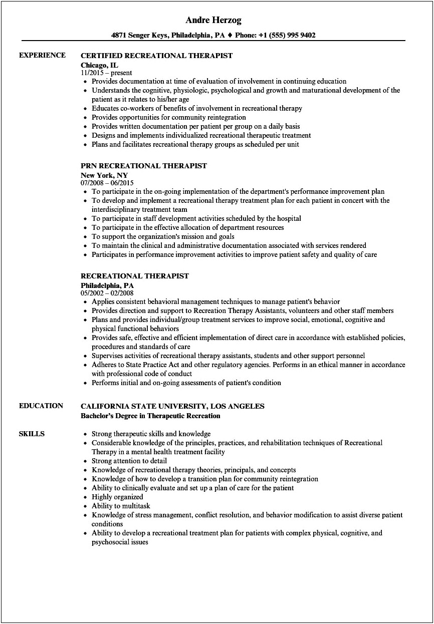Therapeutic Activity Director Resume Sample