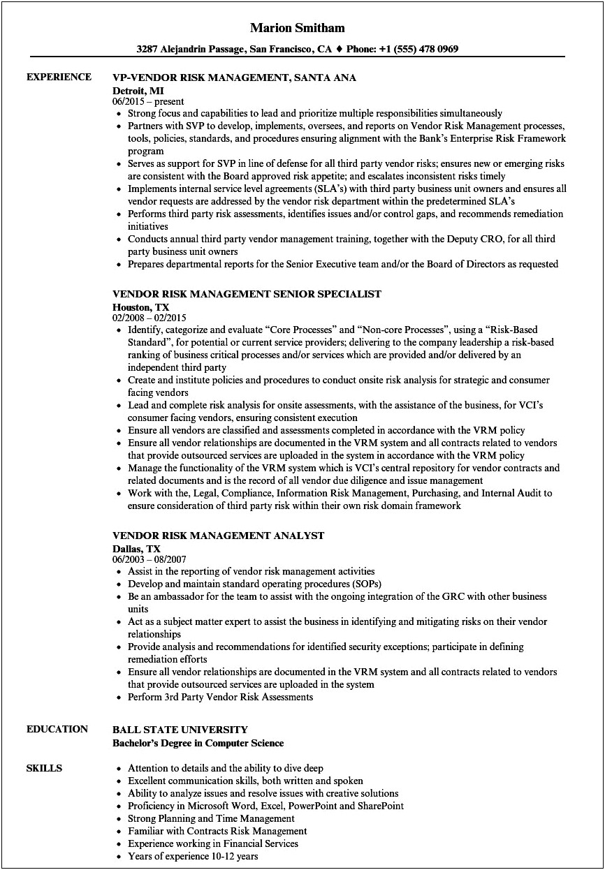 Third Party Risk Manager Resume