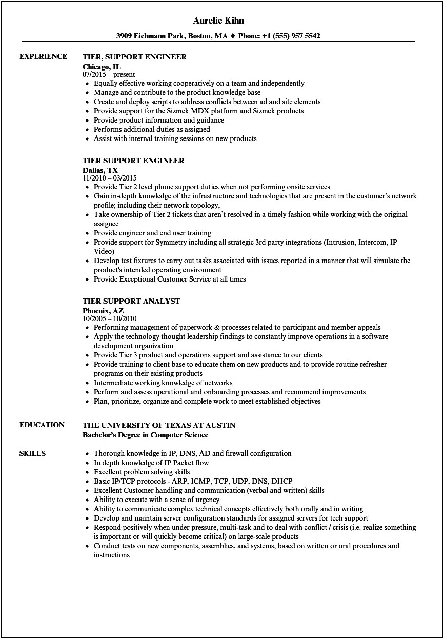 Tier 2 Support Resume Sample