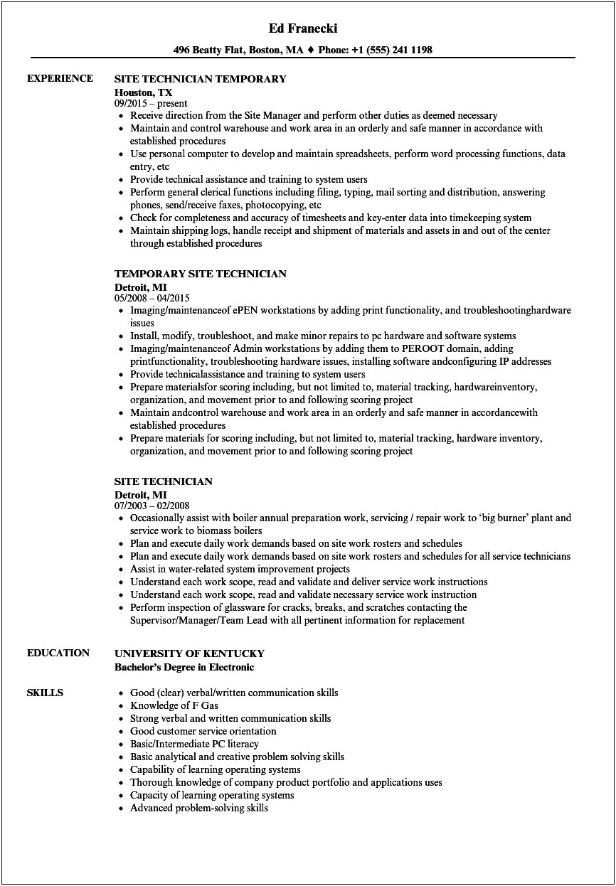 Tire Technician Job Description Resume