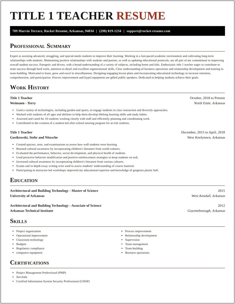 Title One Teacher Resume Examples