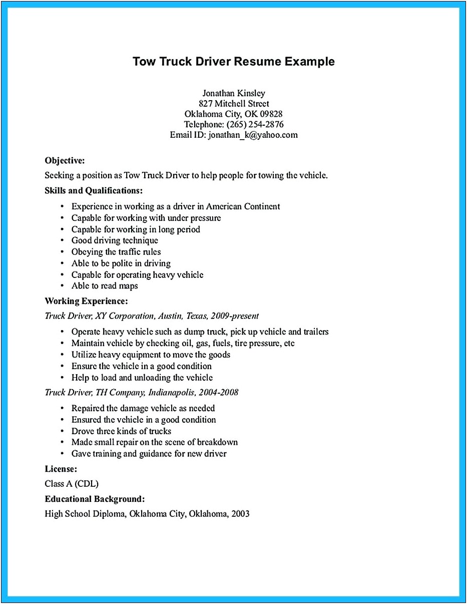 Tow Truck Driver Resume Examples