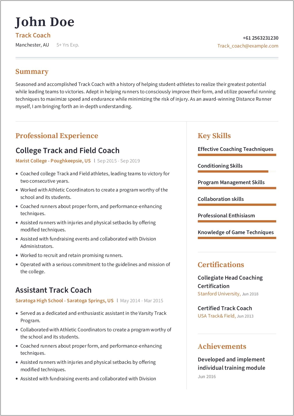 Track And Field Resume Skills