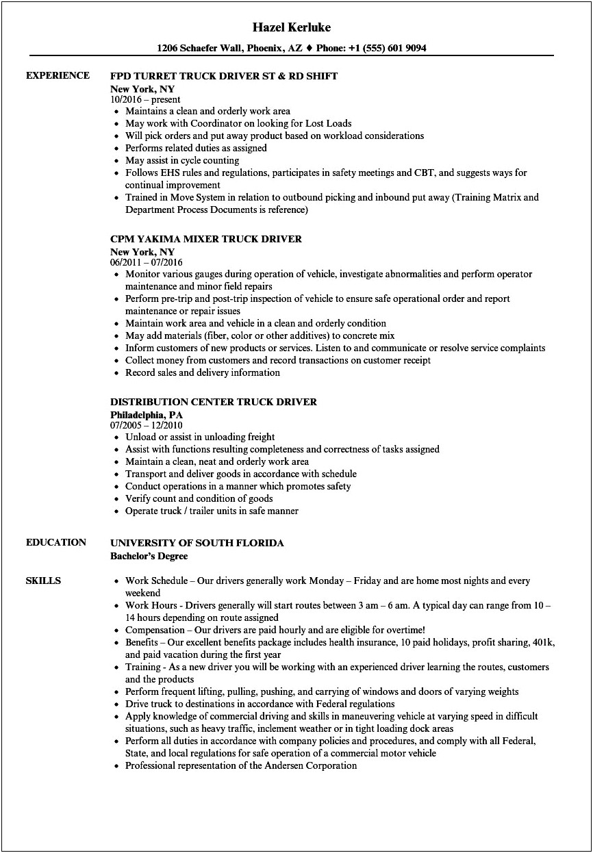 Tractor Trailer Driver Resume Sample