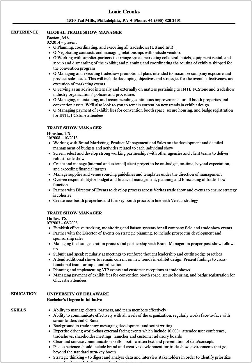 Trade Show Account Manager Resume