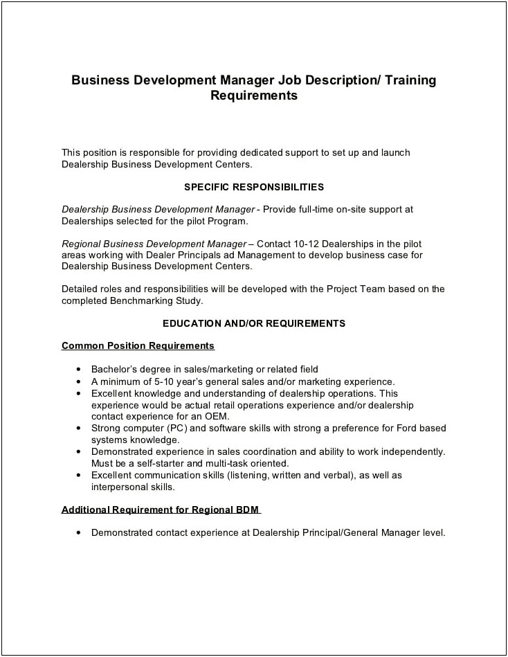 Training Manager Job Description Resume