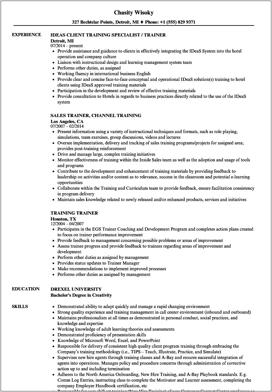 Training Specialist Job Description Resume