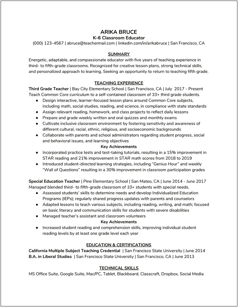 Transition From Teaching Resume Examples