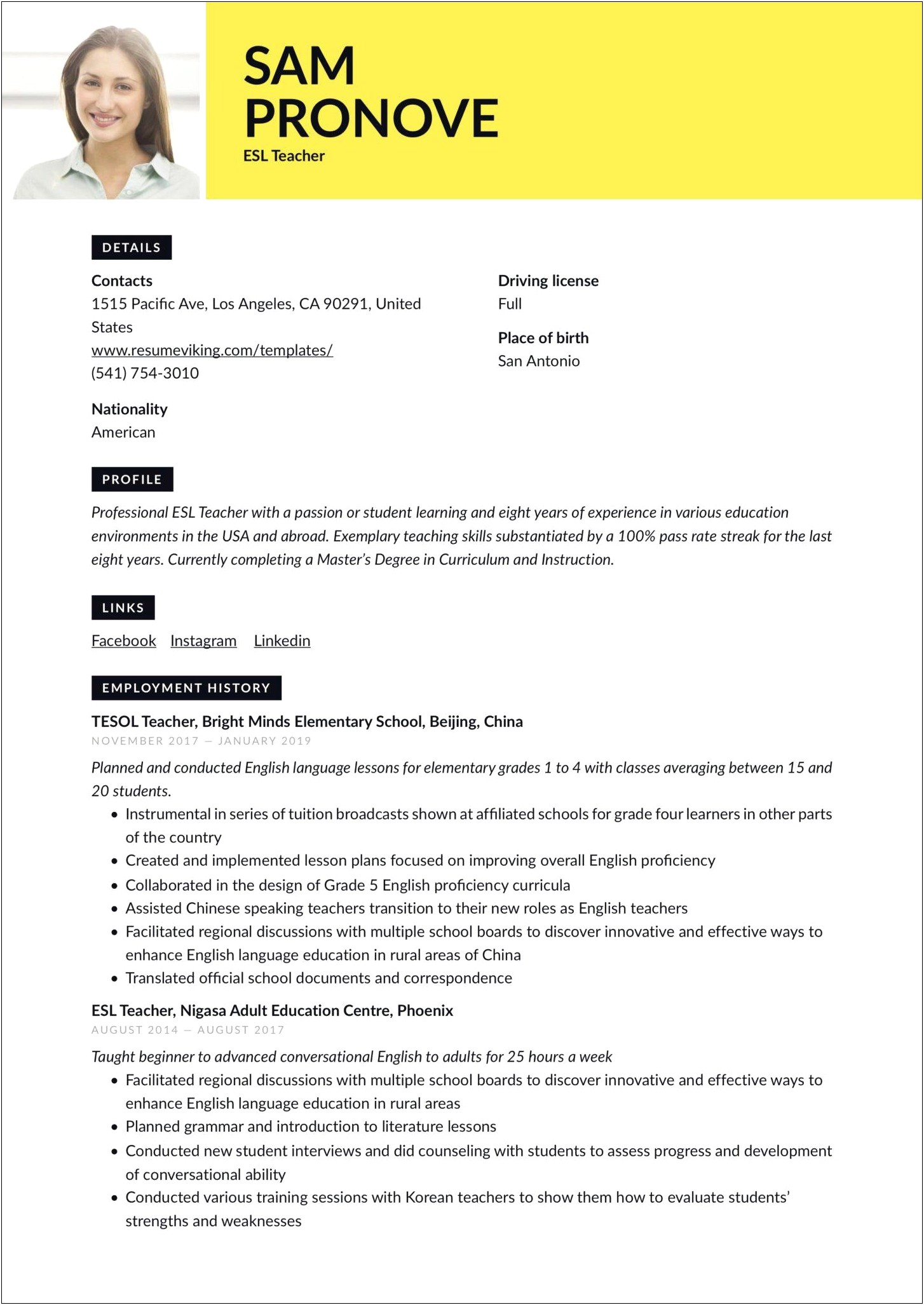 Transition Into Teaching Resume Examples