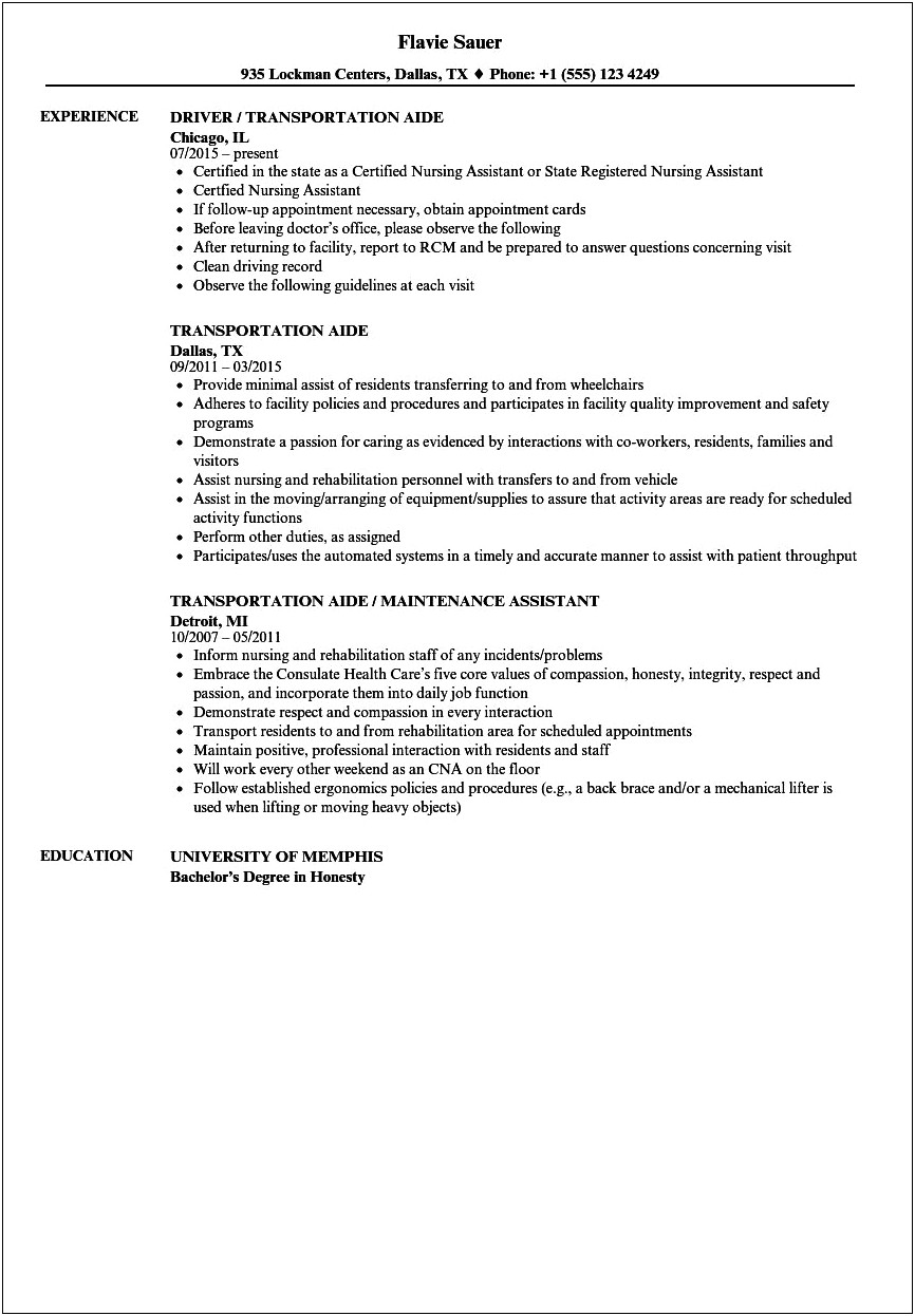Transport Aid Resume Objective Example