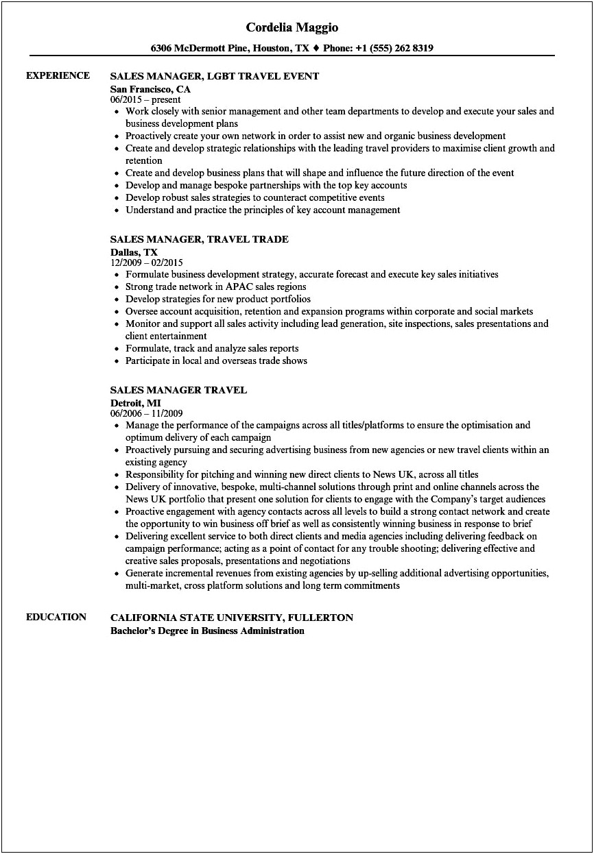 Travel Agency Manager Responsibilities Resume