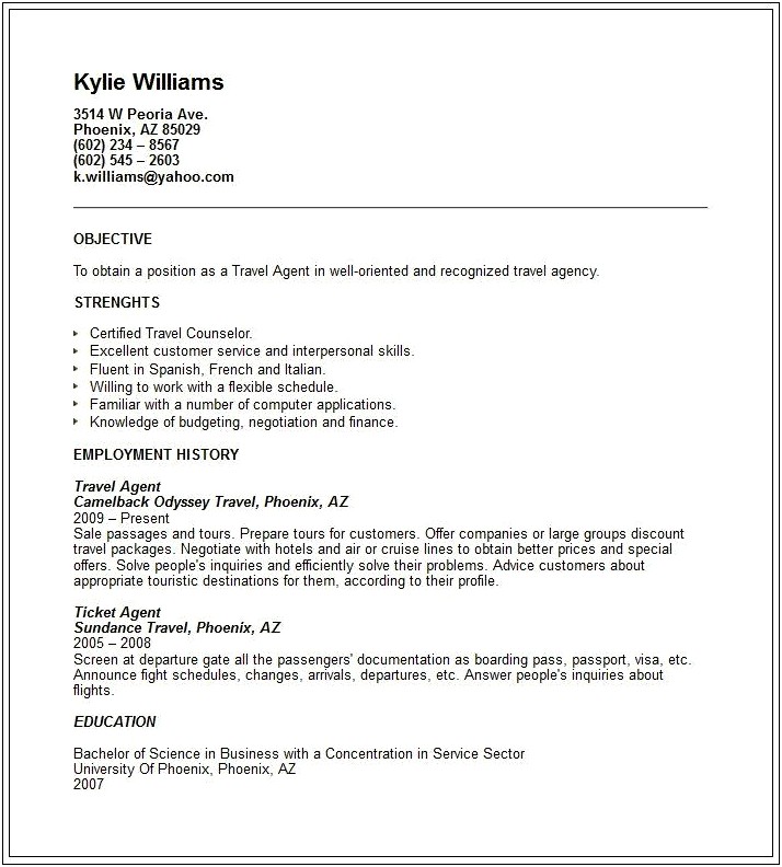 Travel Agent Profile Sample Resume