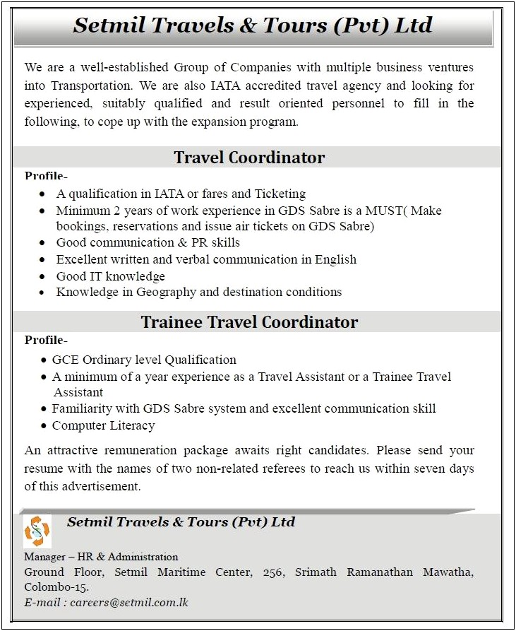 Travel Coordinator Job Description Resume