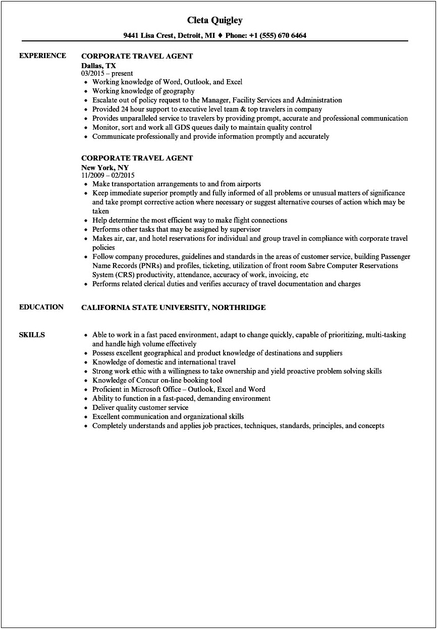 Travel Industry Resume Objective Examples