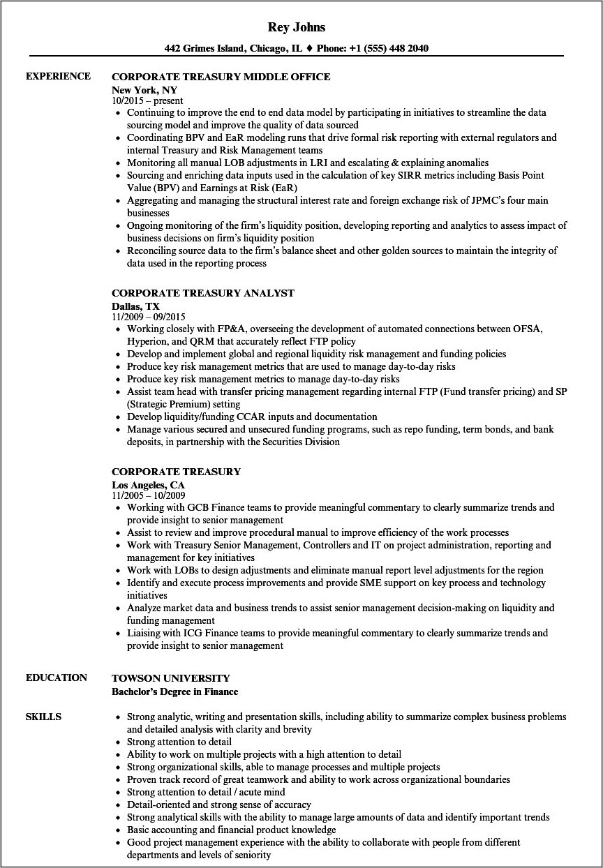 Treasury Back Office Sample Resume