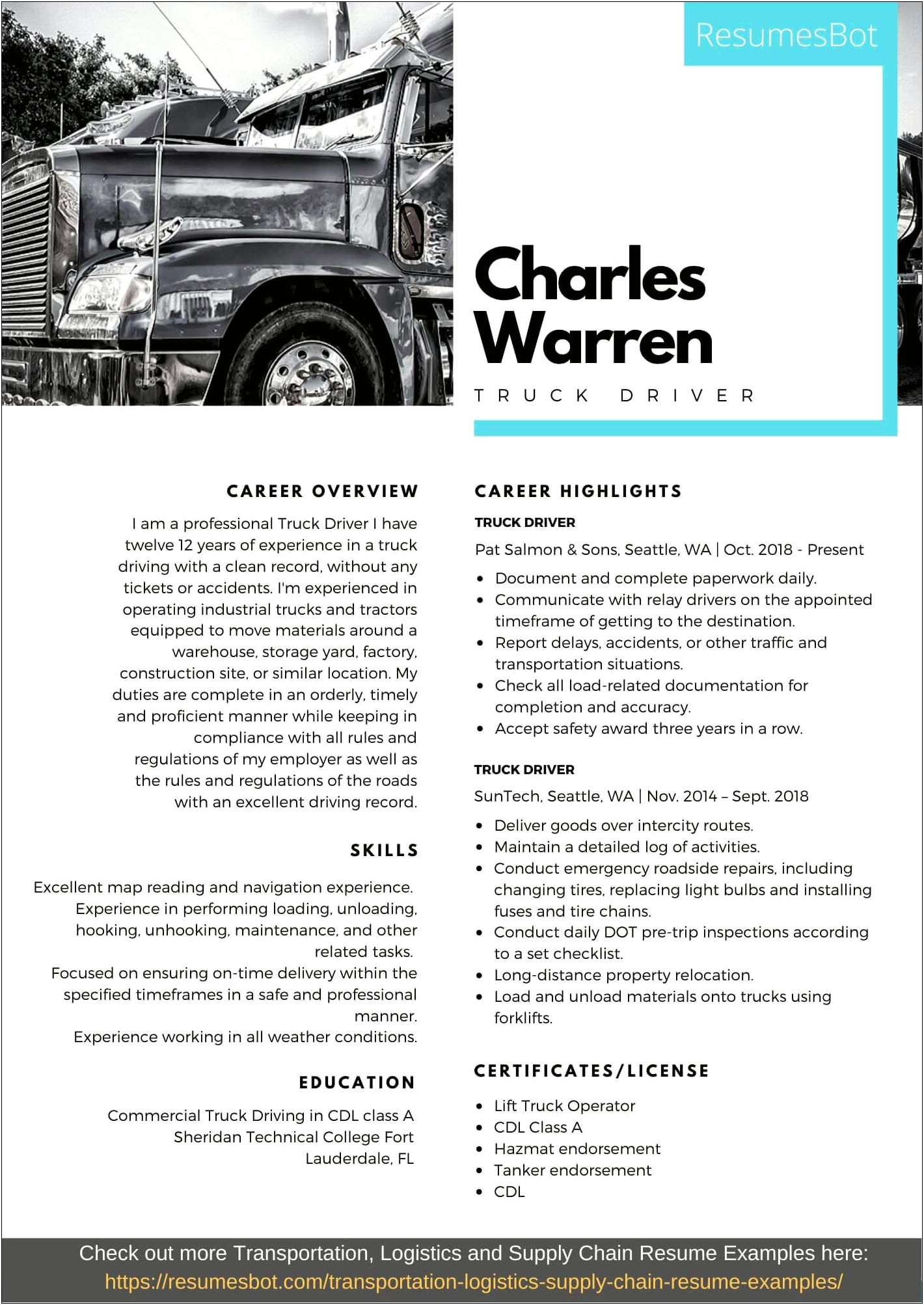 Truck Driver Objective Resume Samples
