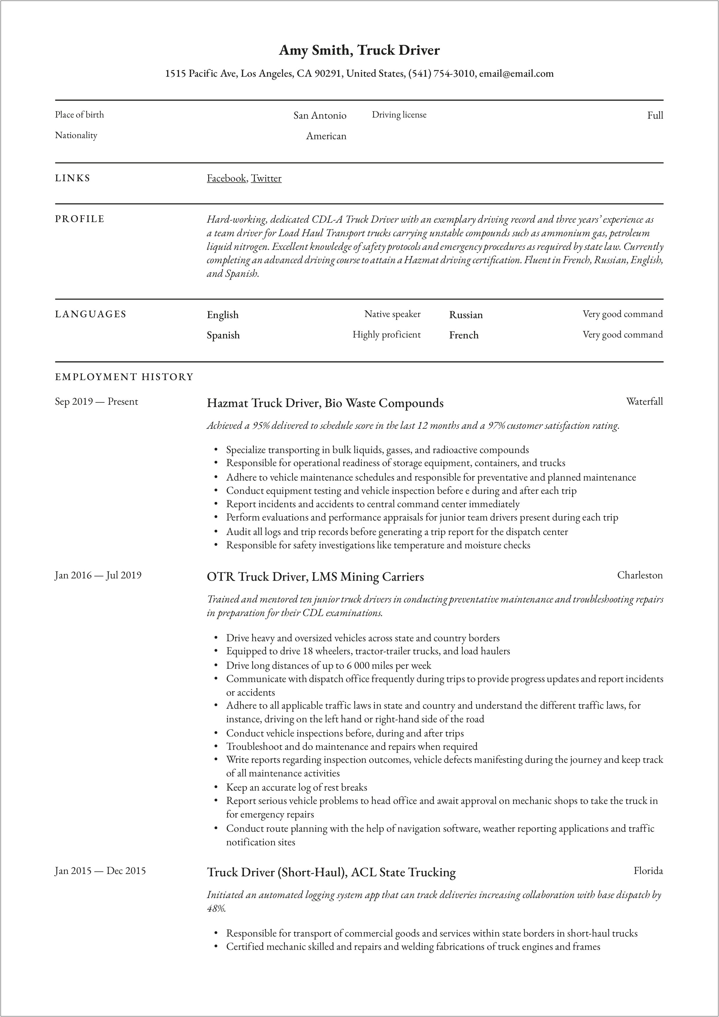 Truck Driver Resume Objective Statement