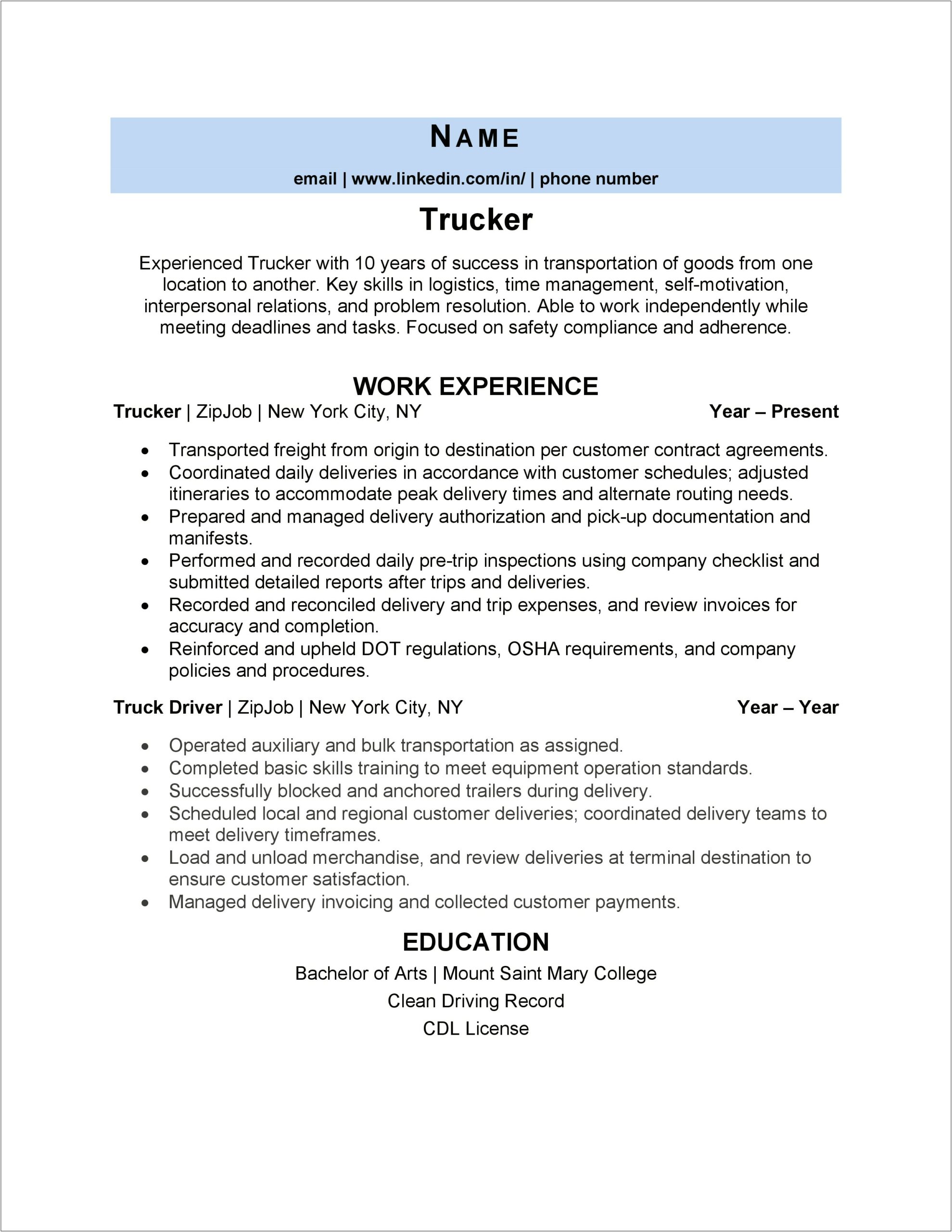 Truck Driving Skills On Resume