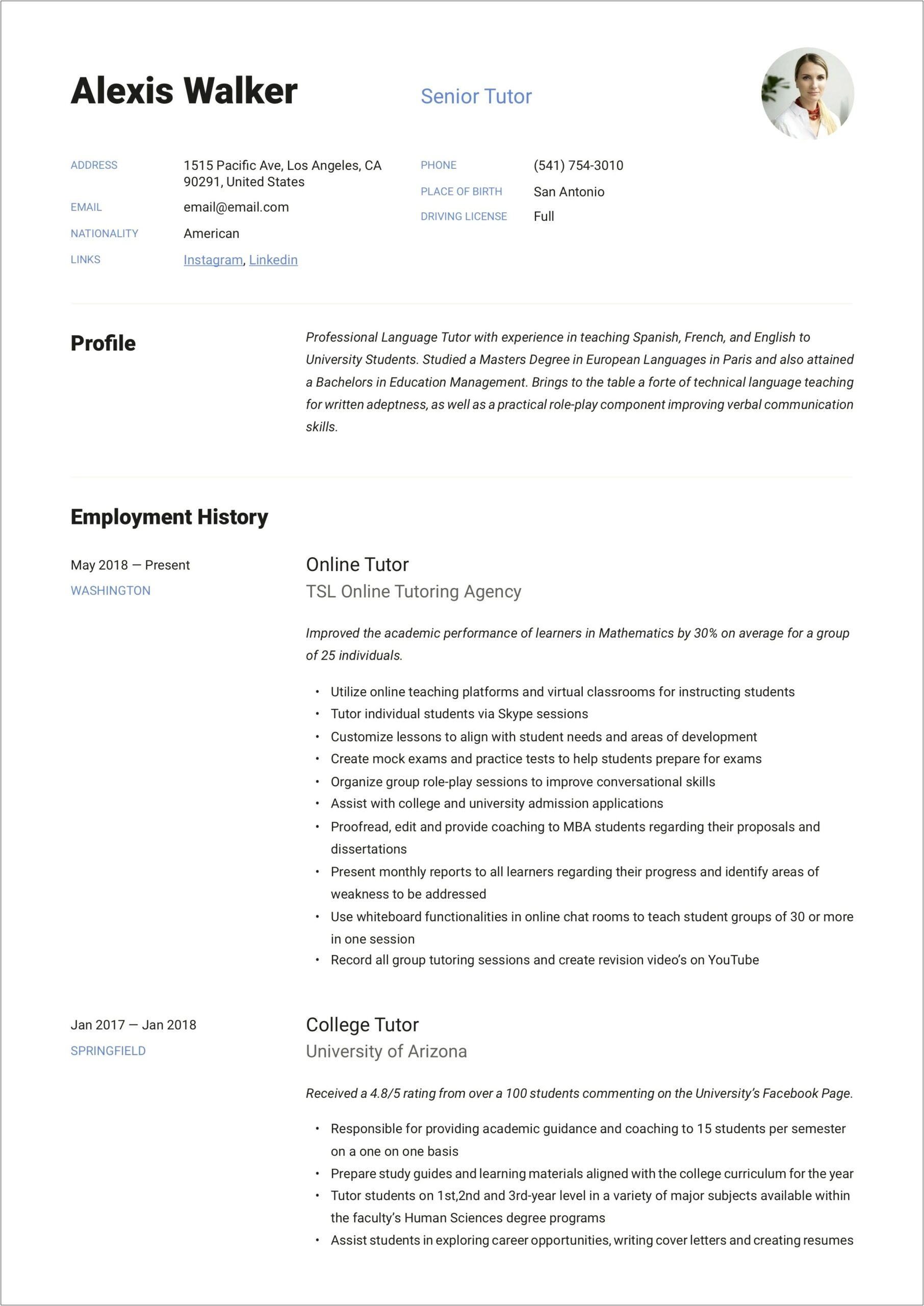 Tutor Job Description Sample Resume