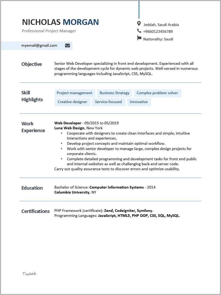 Tweaking Resume For Project Management