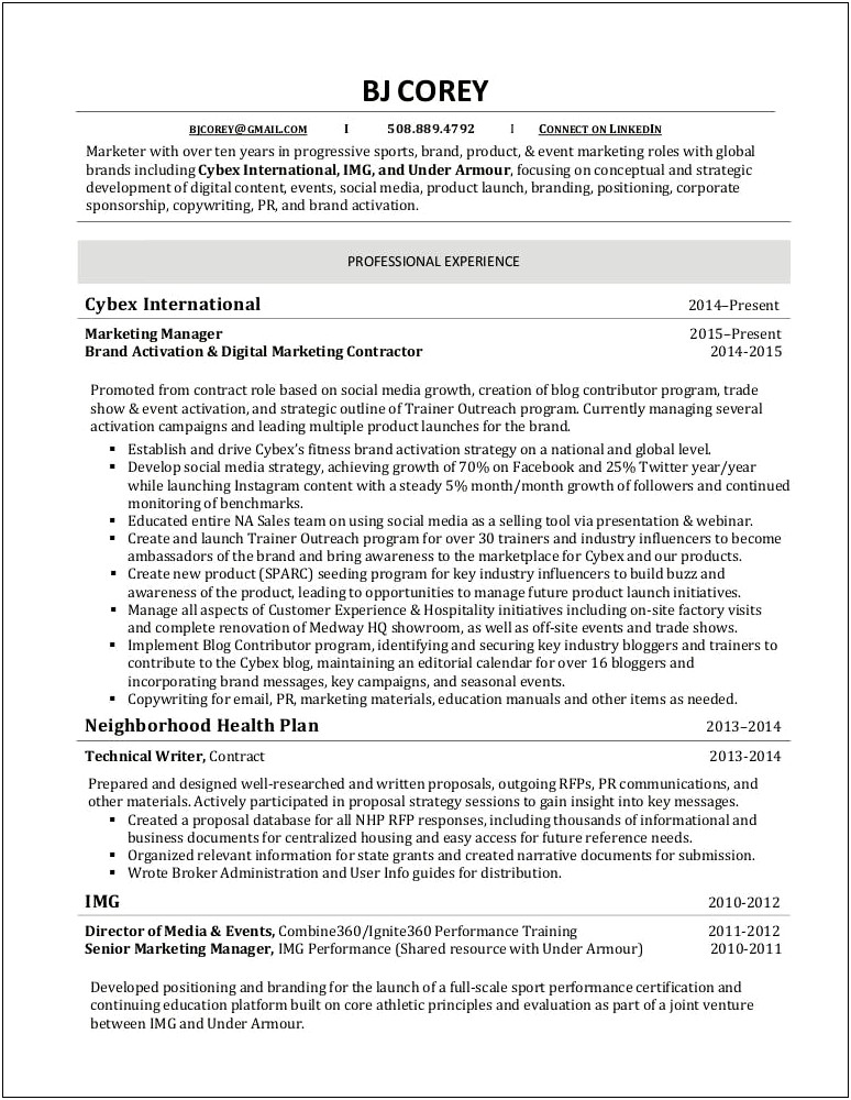 Under Armour Brand Manager Resume
