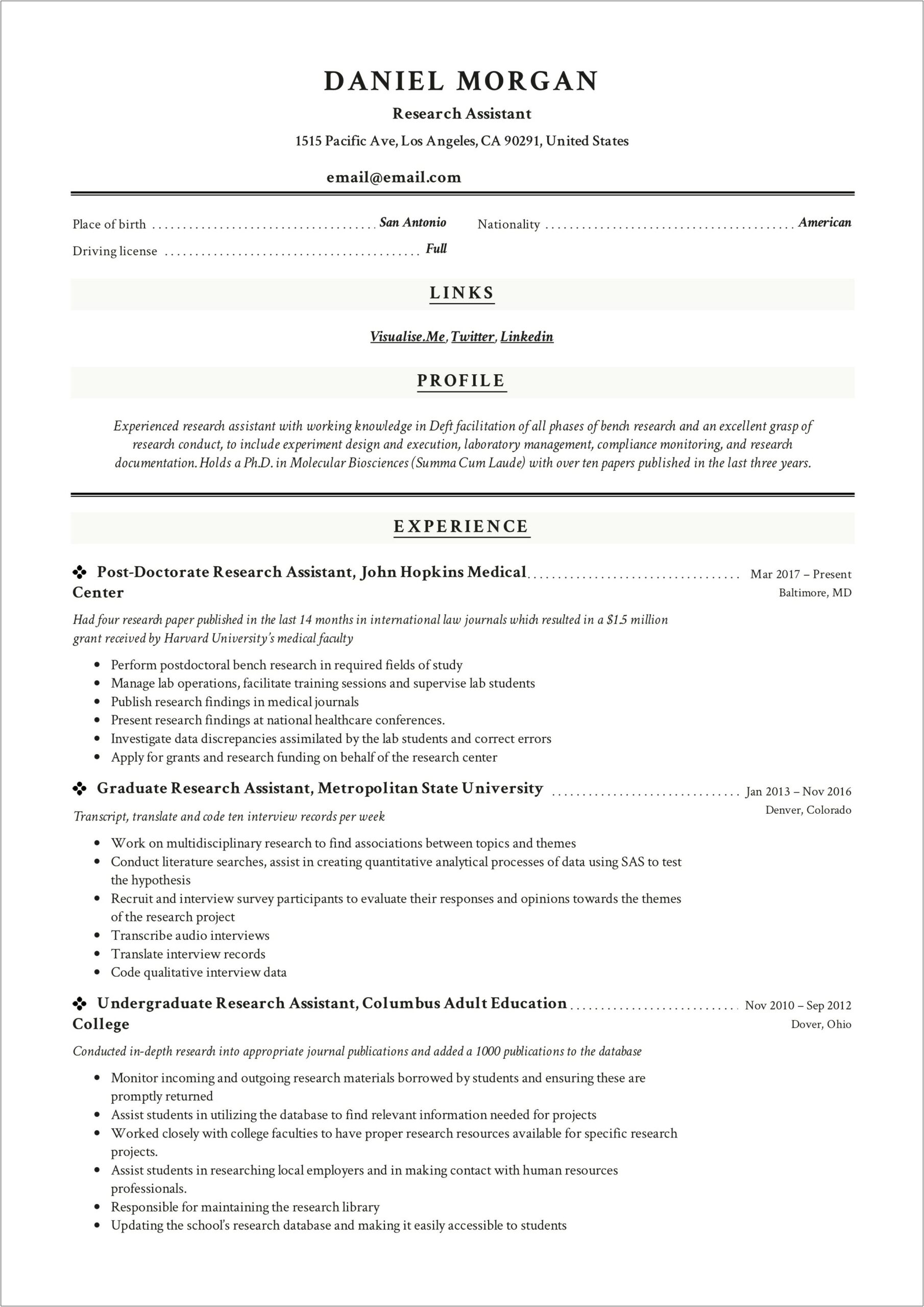 Undergraduate Research Assistant Resume Objective