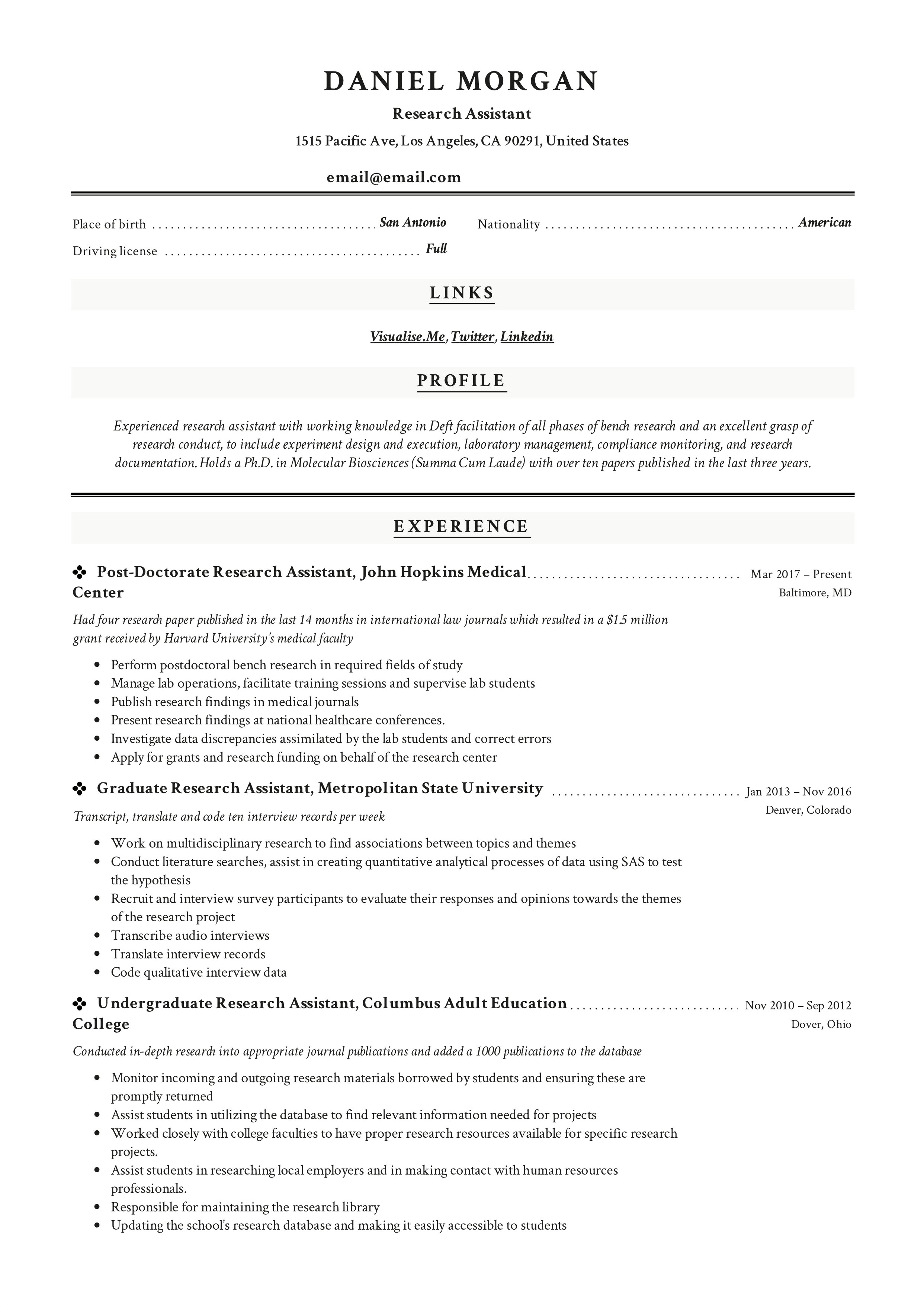 Undergraduate Research Assistant Resume Objective