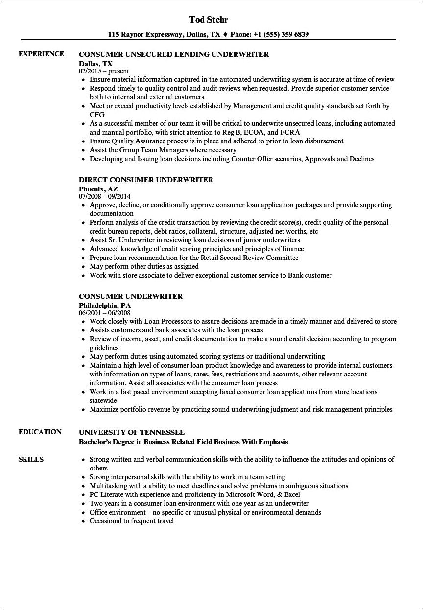 Underwriter Job Description For Resume