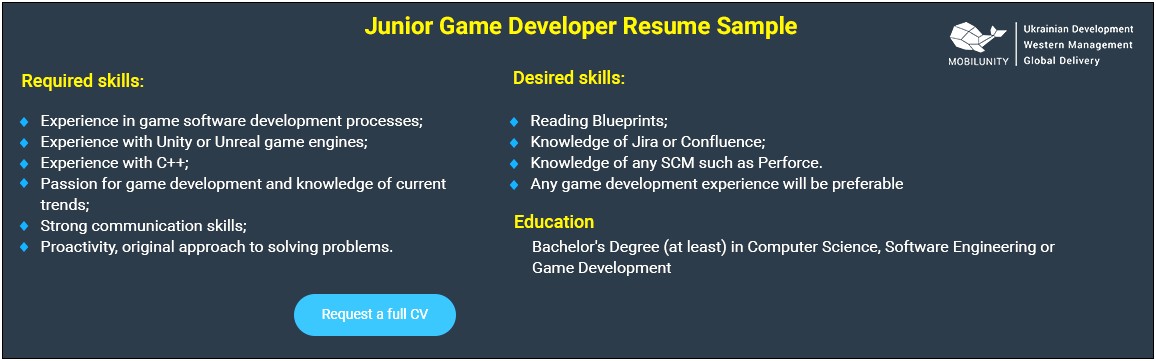 Unity 3d Developer Resume Sample