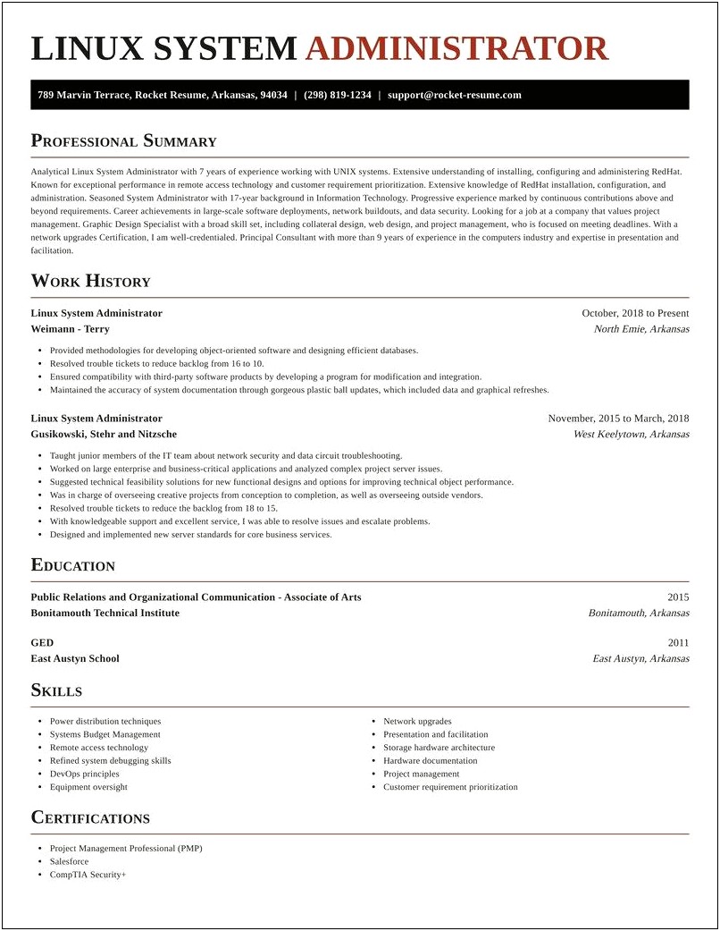 Unix System Admin Sample Resume
