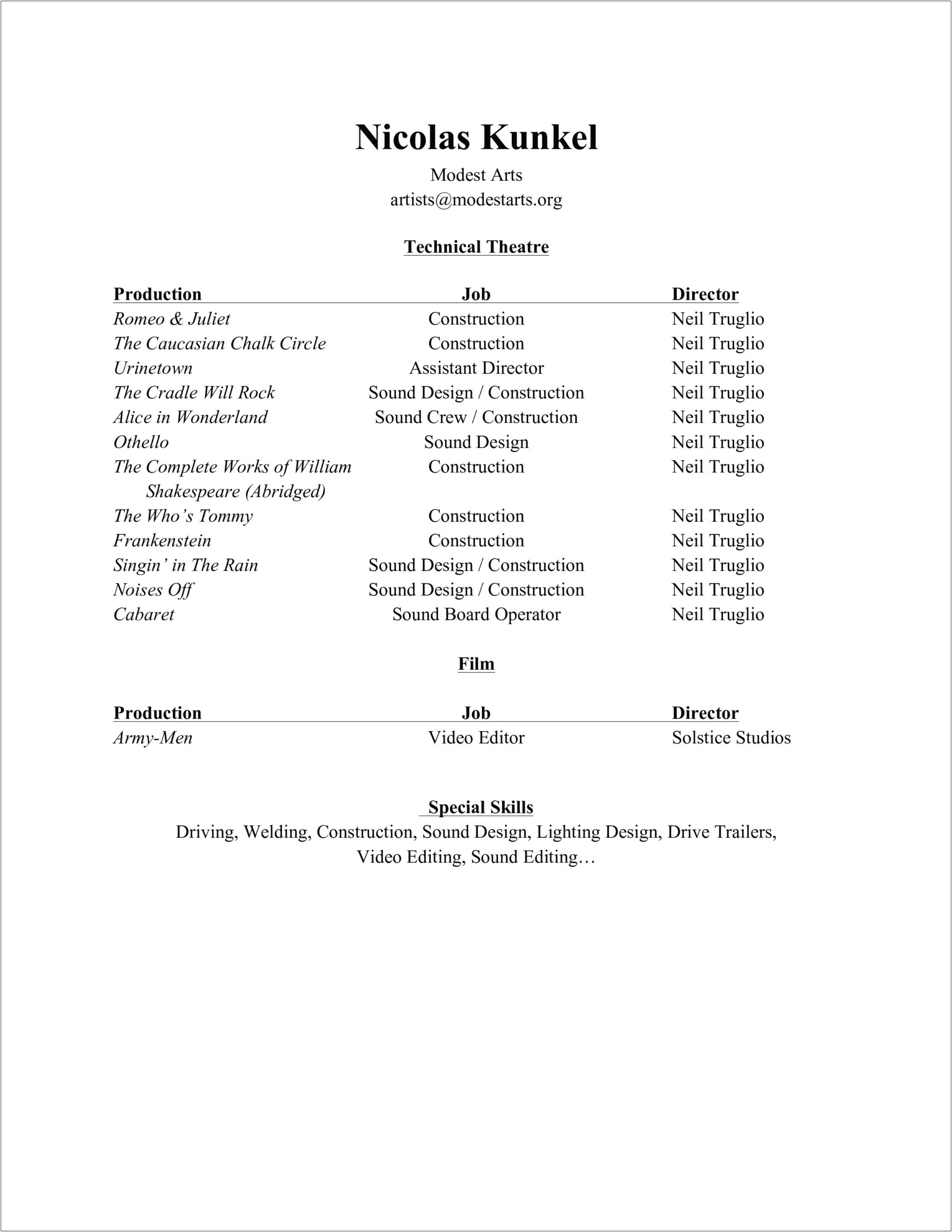 Upcoming Jobs On Theater Resume