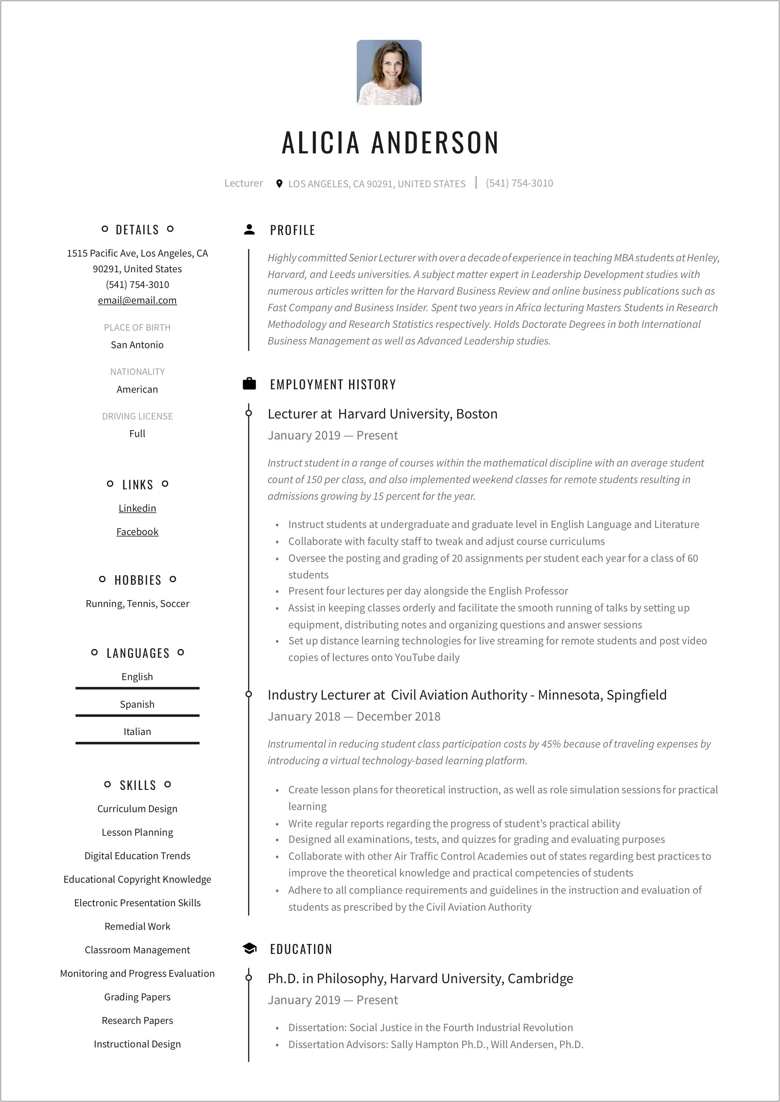 Us Lecturer's Resume Examples