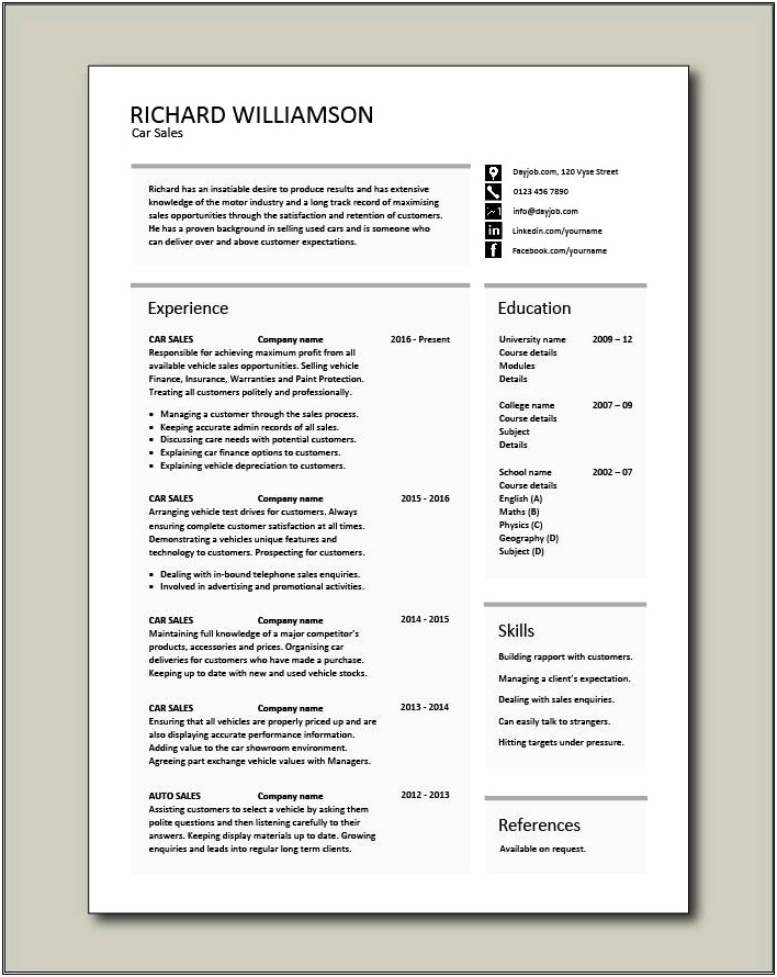 Used Auto Sales Manager Resume
