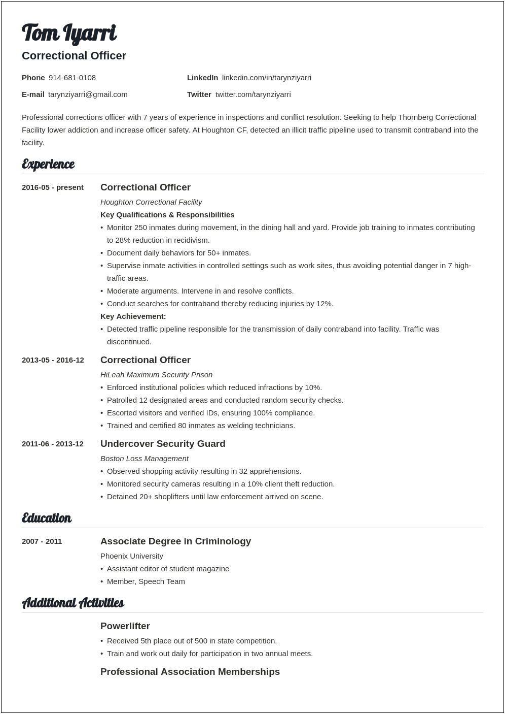Utah Corrections Officer Resume Example
