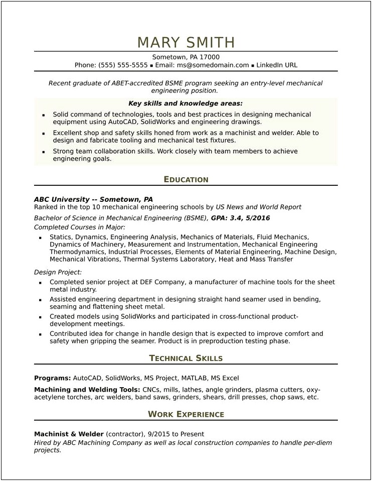 Utd Mechanical Engineering Sample Resume