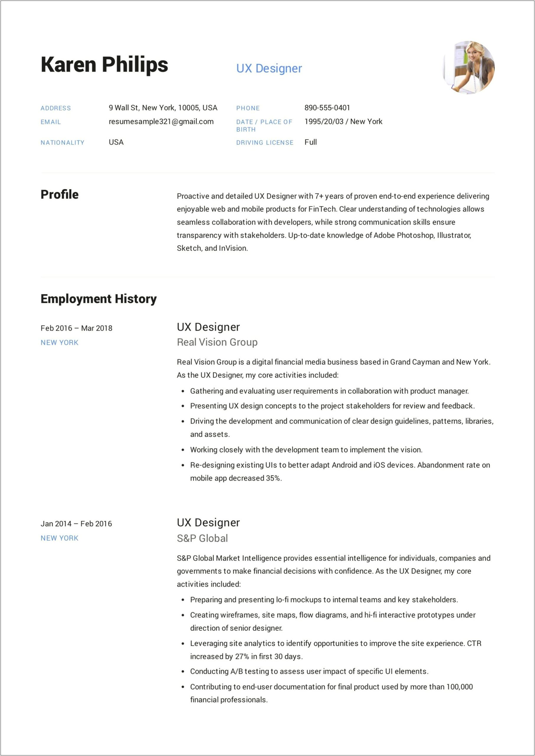Ux Designer Resume Sample Pdf